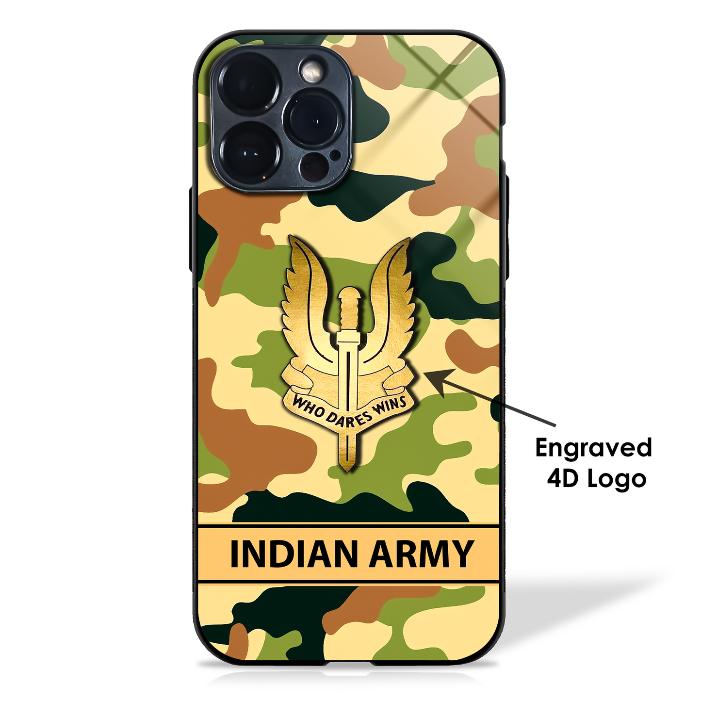 4D Engraved Indian Army Logo Camouflage Glass Case