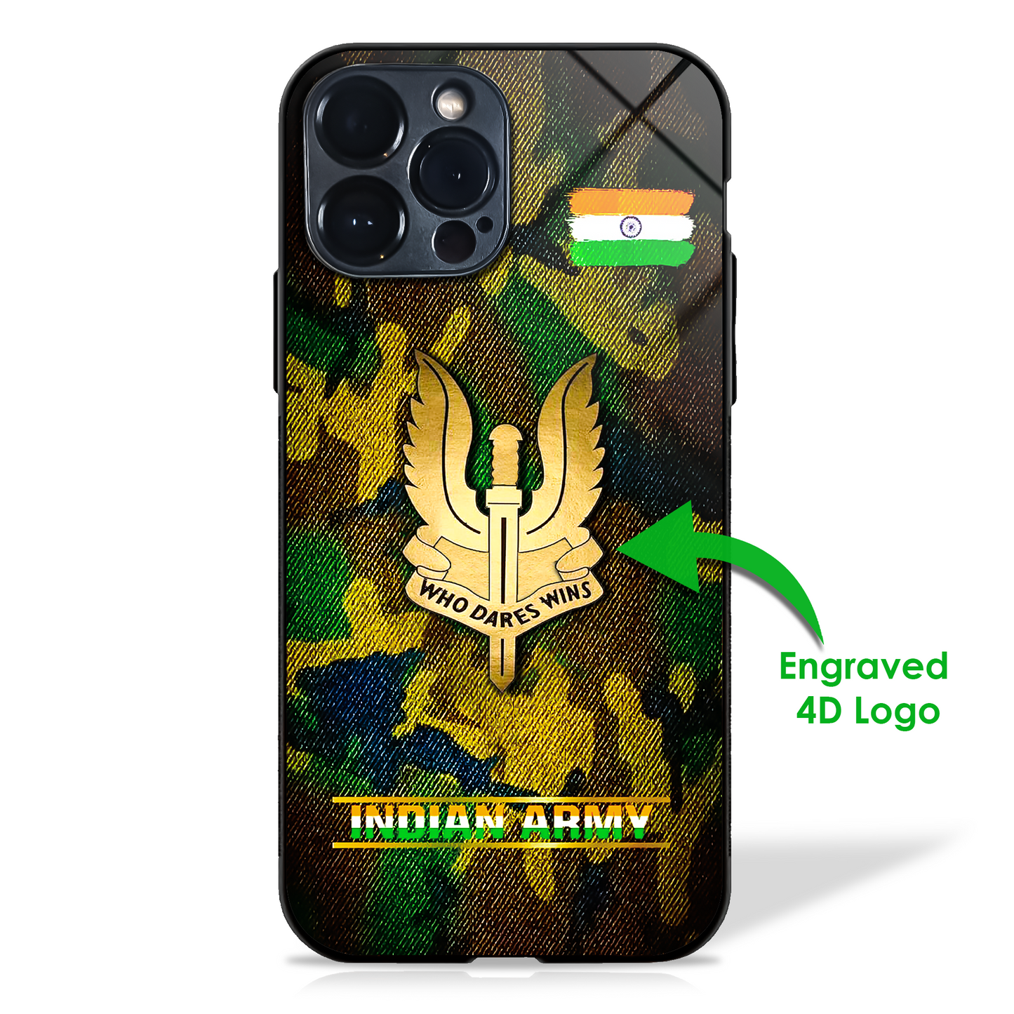 4D Engraved Indian Army Logo Camouflage Glass Case